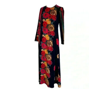 1970’s vintage velour long sleeve roses down front full length dress-size L